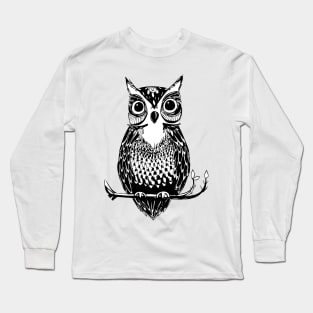 Black and White Drawn Owl Long Sleeve T-Shirt